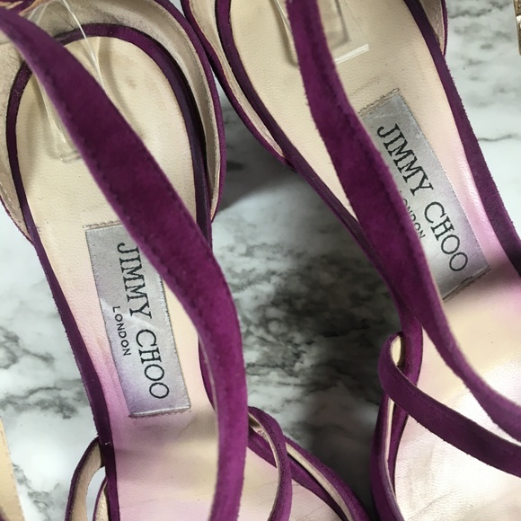 Jimmy Choo Purple Suede Strappy Open Toe Heels - Picture 3 of 8